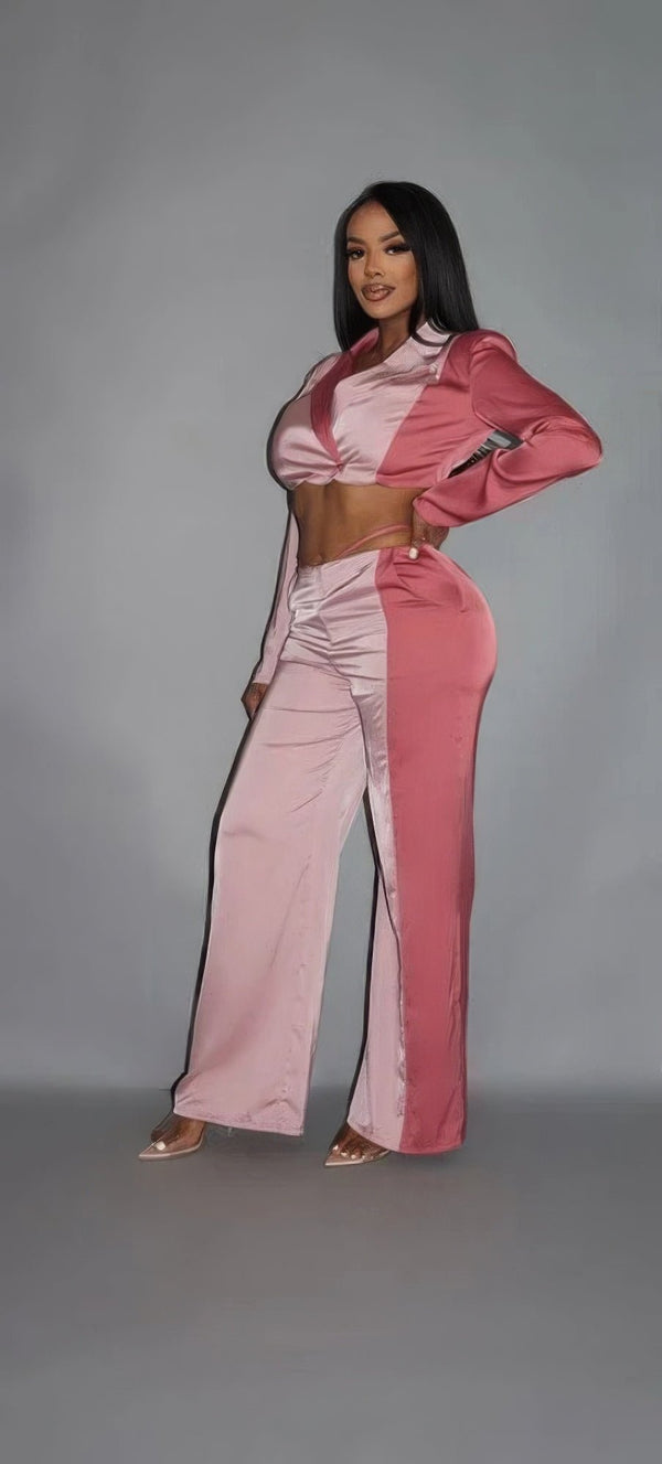 Crop Blazer With Matching Low Rise Wide Leg Pants Set - Women's set - SmartBuyApparel