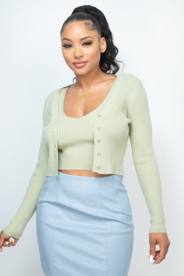 Crop Tank Top & Cardigan Sweater Set - Women's sweater - SmartBuyApparel