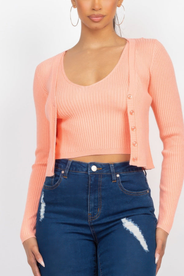 Crop Tank Top & Cardigan Sweater Set - Women's sweater - SmartBuyApparel