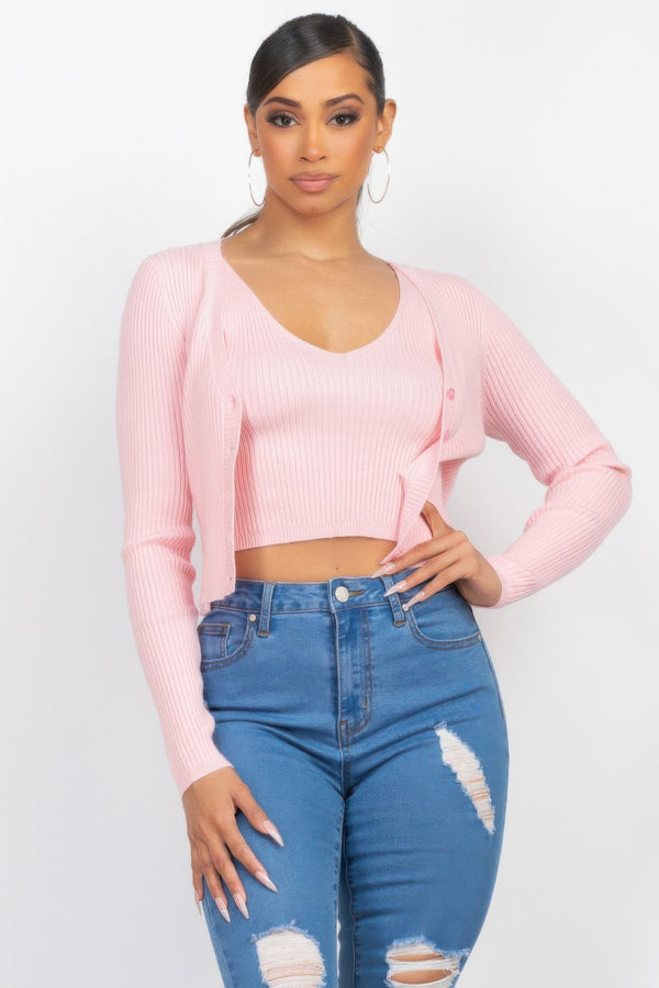 Crop Tank Top & Cardigan Sweater Set - Women's sweater - SmartBuyApparel