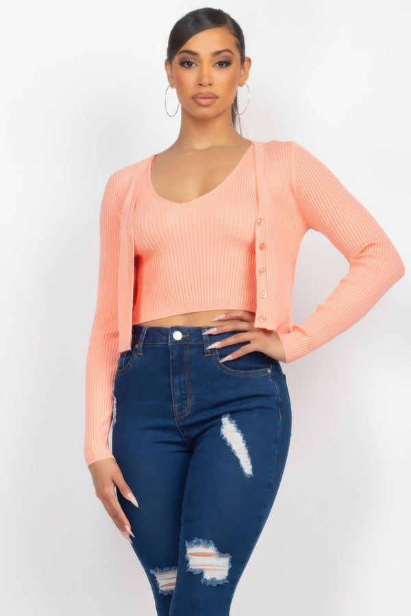 Crop Tank Top & Cardigan Sweater Set - Women's sweater - SmartBuyApparel