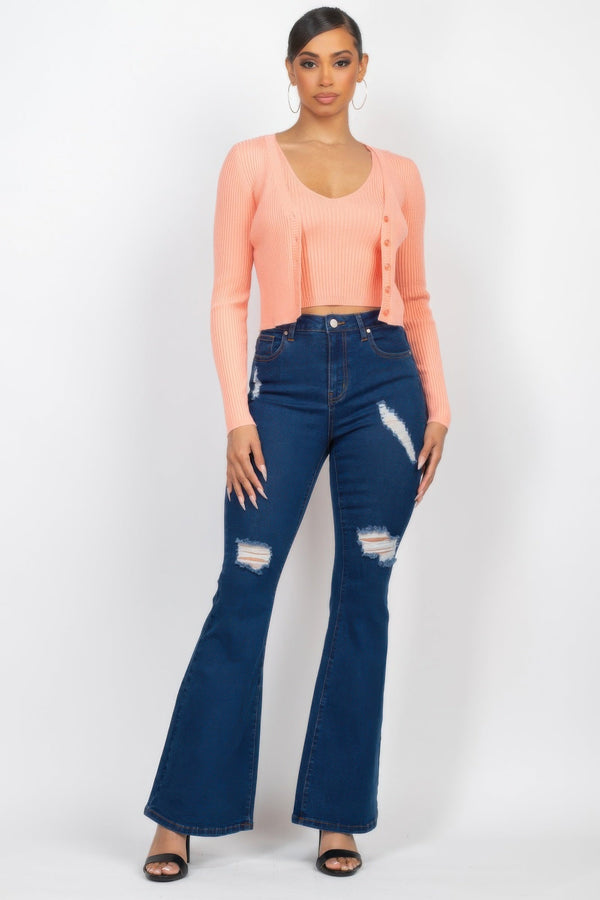 Crop Tank Top & Cardigan Sweater Set - Women's sweater - SmartBuyApparel