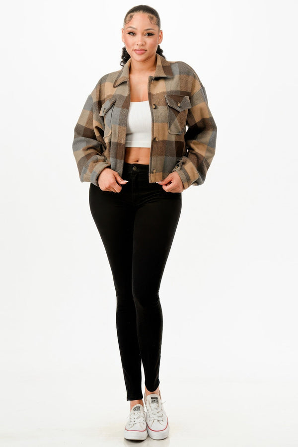 Cropped Flannel Jacket - Jacket - SmartBuyApparel