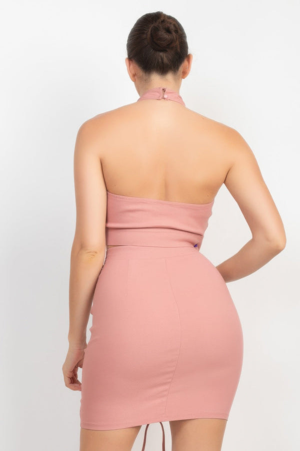 Cross Halter Top & Ruched Skirts Set - Women's set - SmartBuyApparel