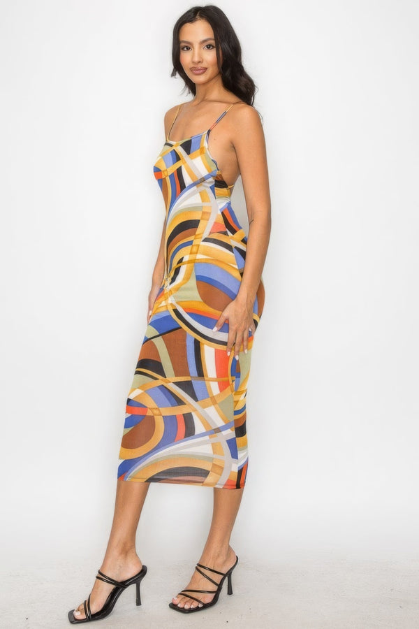 Crossed Back Marble Print Multicolor Midi Dress - Dress - SmartBuyApparel