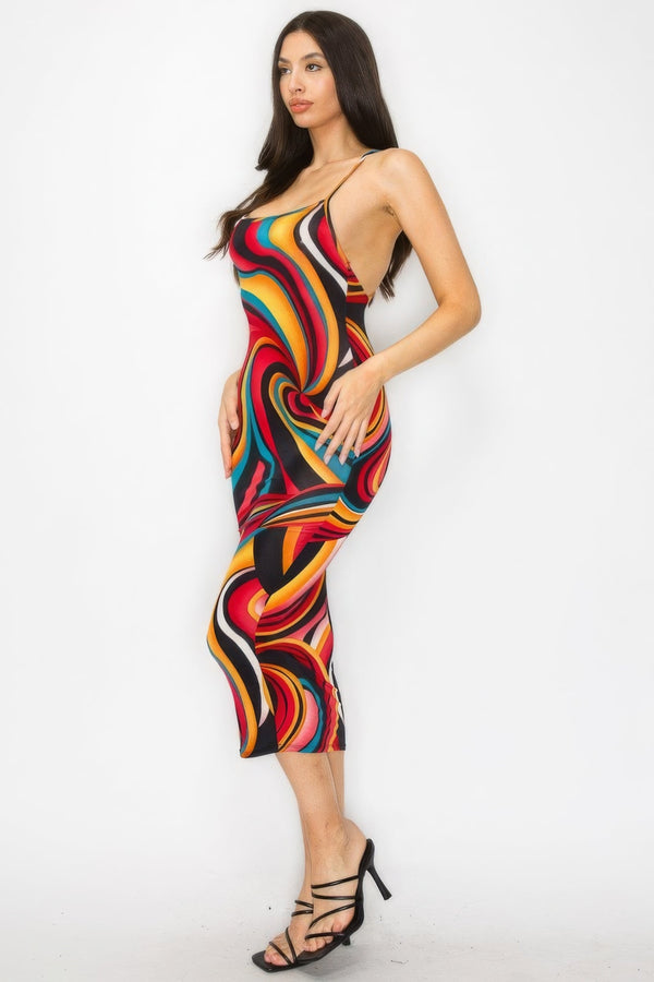 Crossed Back Marble Print Multicolor Midi Dress - Dress - SmartBuyApparel