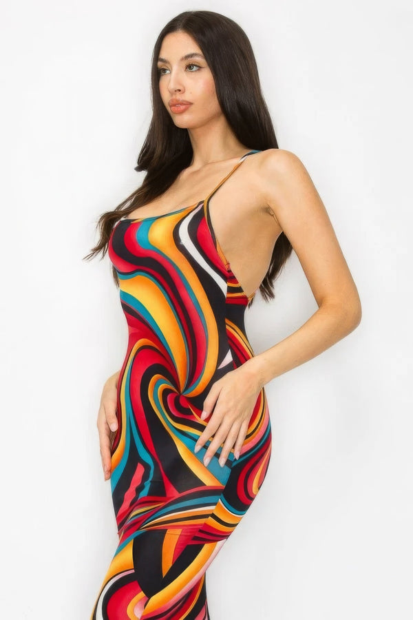 Crossed Back Marble Print Multicolor Midi Dress - Dress - SmartBuyApparel