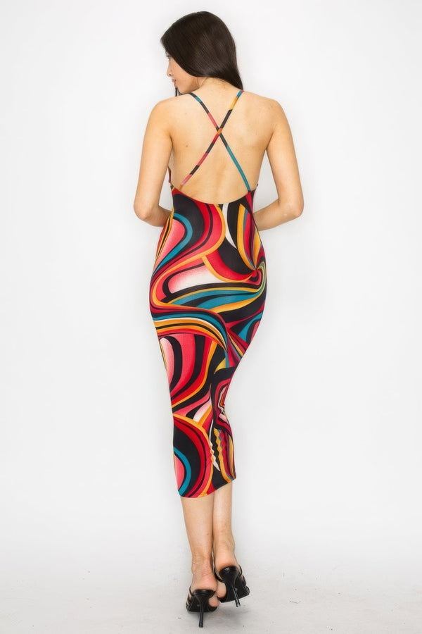 Crossed Back Marble Print Multicolor Midi Dress - Dress - SmartBuyApparel