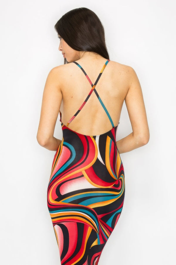 Crossed Back Marble Print Multicolor Midi Dress - Dress - SmartBuyApparel