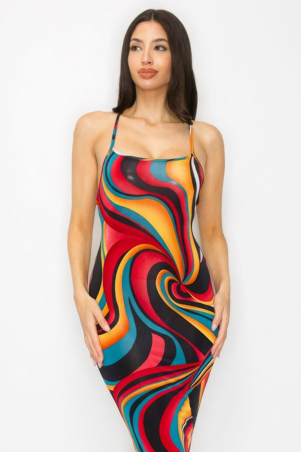 Crossed Back Marble Print Multicolor Midi Dress - Dress - SmartBuyApparel