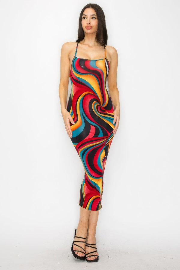 Crossed Back Marble Print Multicolor Midi Dress - Dress - SmartBuyApparel