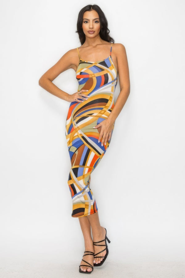 Crossed Back Marble Print Multicolor Midi Dress - Dress - SmartBuyApparel