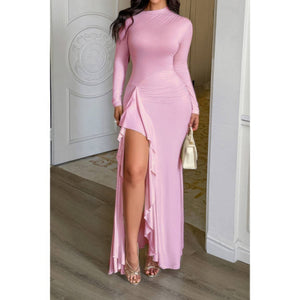 Curvy Slit Elegant Ruched Long Sleeve Dress - Dress - SmartBuyApparel