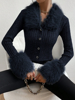 DEMZY Fuzzy Trim Front Button Cardigan - SmartBuyApparel - Women Cardigans