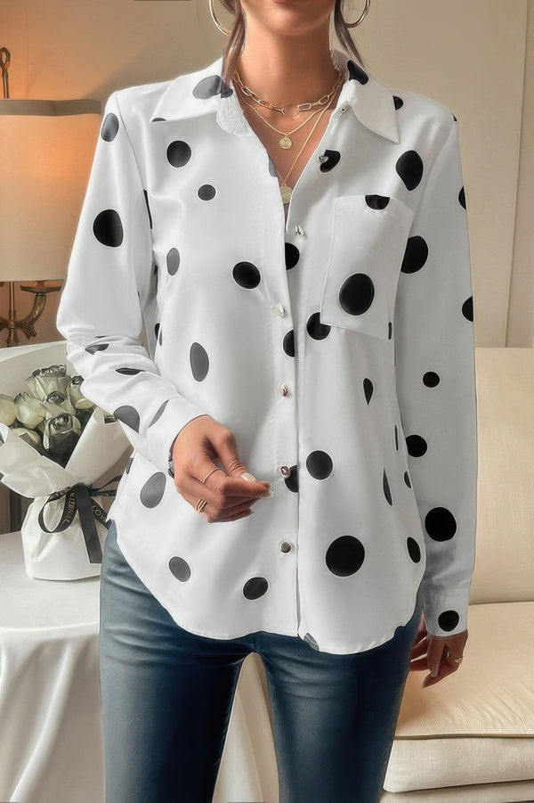 Dot Print Pocket Drop Shoulder Button Blouse - | SmartBuyApparel
