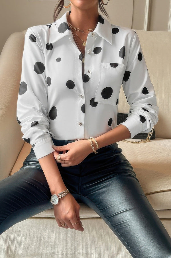 Dot Print Pocket Drop Shoulder Button Blouse - | SmartBuyApparel