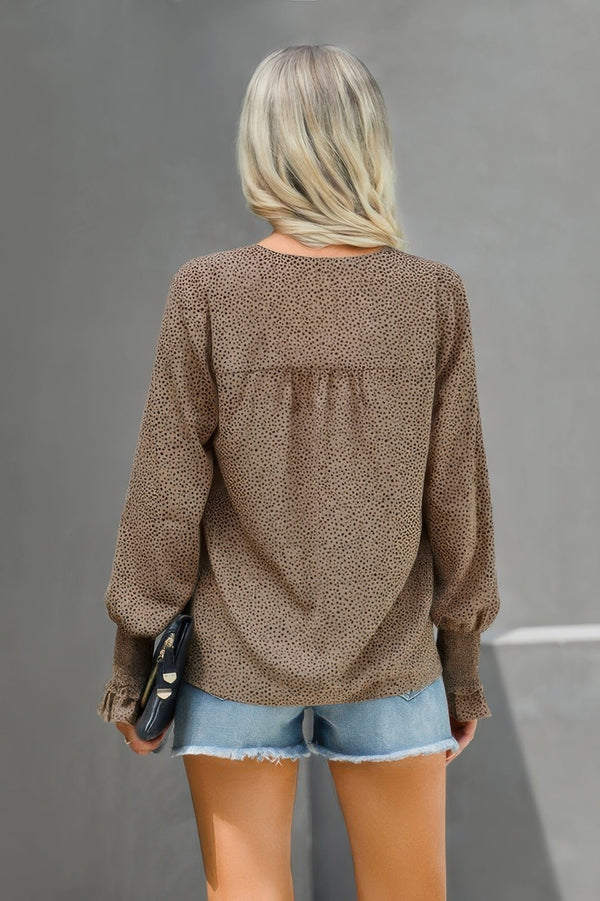 Dot V Neck Loose Fit Ruffle Long Sleeves Blouse - | SmartBuyApparel