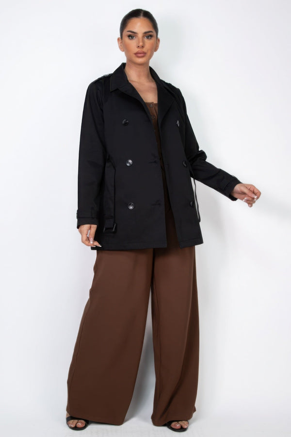 Double - breasted Notch Belted Coat - Women's coat - SmartBuyApparel