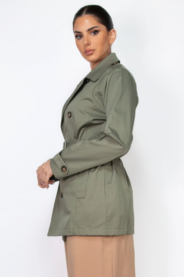 Double - breasted Notch Belted Coat - Women's coat - SmartBuyApparel