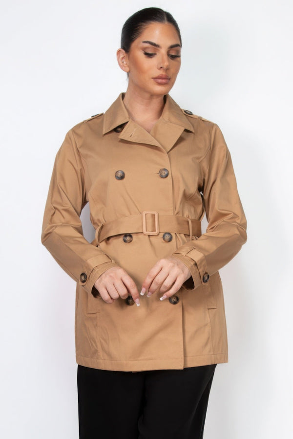 Double - breasted Notch Belted Coat - Women's coat - SmartBuyApparel