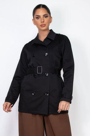 Double - breasted Notch Belted Coat - Women's coat - SmartBuyApparel
