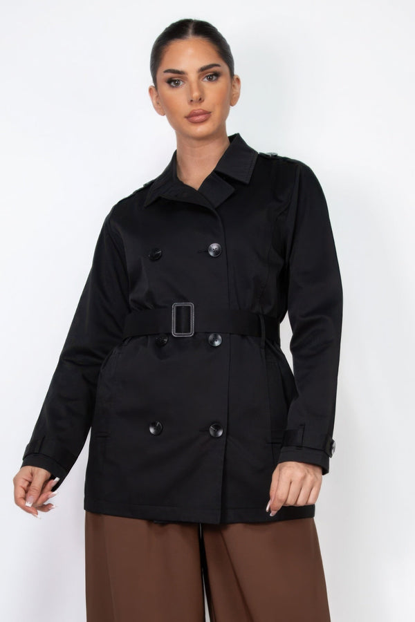 Double - breasted Notch Belted Coat - Women's coat - SmartBuyApparel