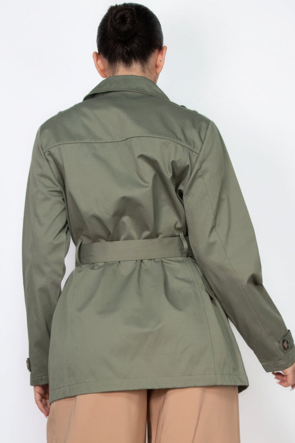 Double - breasted Notch Belted Coat - Women's coat - SmartBuyApparel