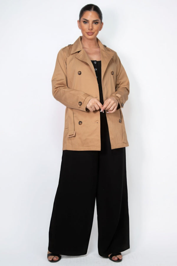 Double - breasted Notch Belted Coat - Women's coat - SmartBuyApparel