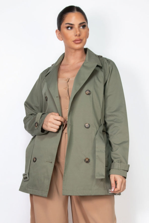 Double - breasted Notch Belted Coat - Women's coat - SmartBuyApparel