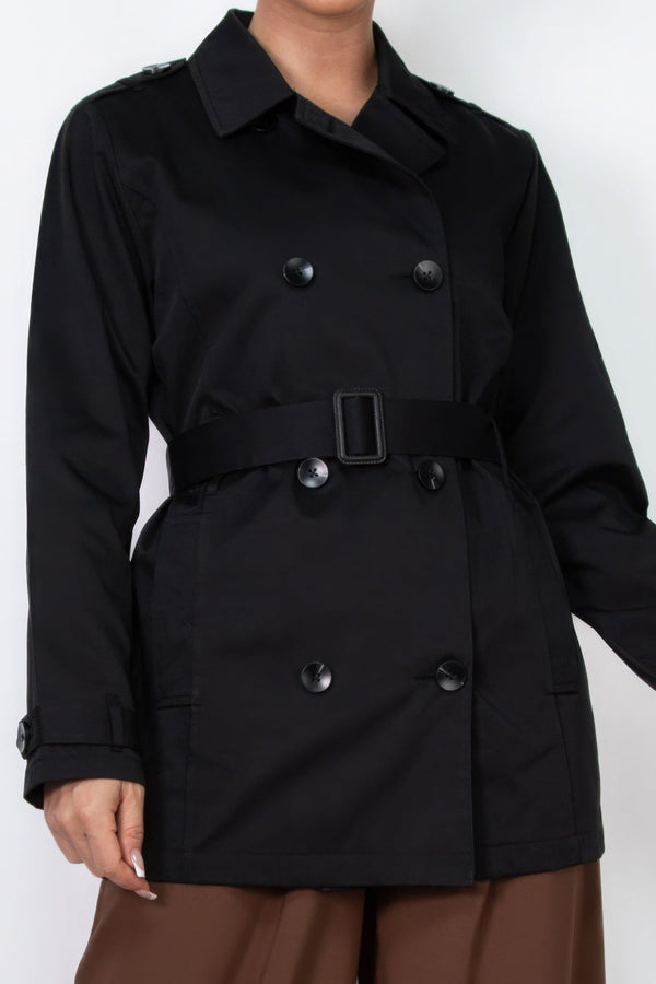 Double - breasted Notch Belted Coat - Women's coat - SmartBuyApparel