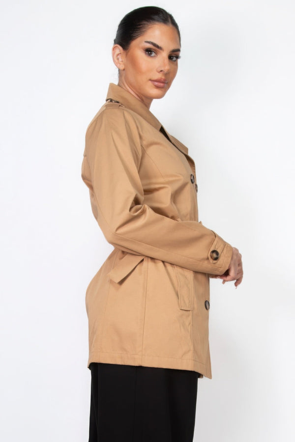 Double - breasted Notch Belted Coat - Women's coat - SmartBuyApparel