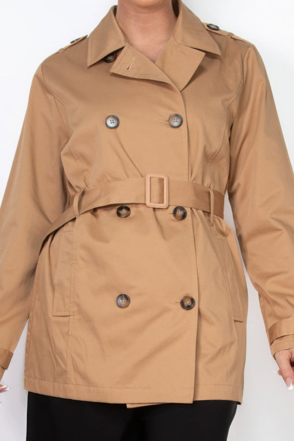 Double - breasted Notch Belted Coat - Women's coat - SmartBuyApparel