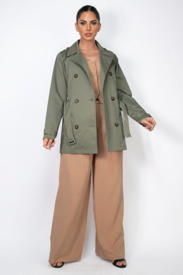 Double - breasted Notch Belted Coat - Women's coat - SmartBuyApparel