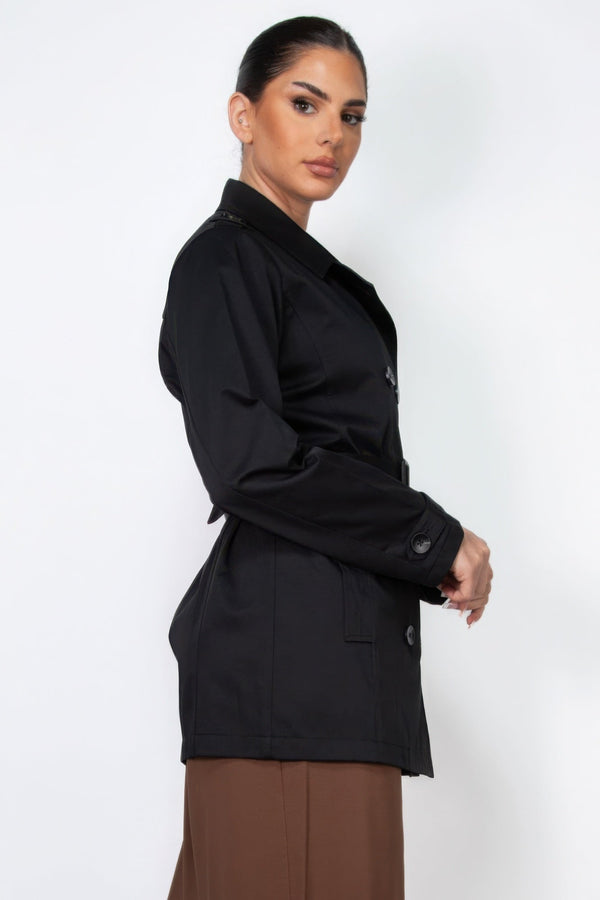 Double - breasted Notch Belted Coat - Women's coat - SmartBuyApparel