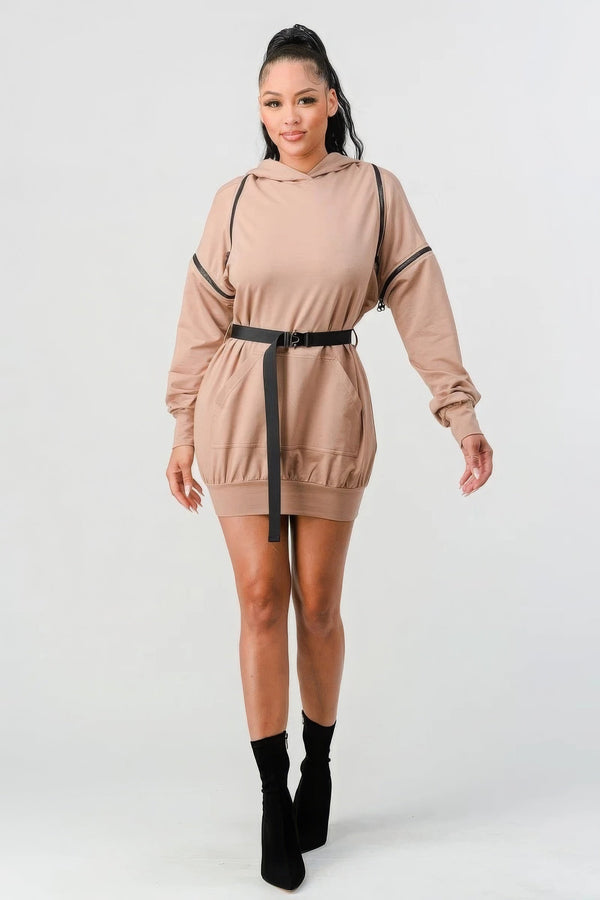 Double Zipper Long Sleeve Hooded Mini Dress - Dress - SmartBuyApparel