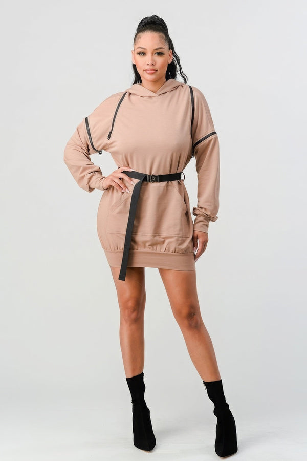 Double Zipper Long Sleeve Hooded Mini Dress - Dress - SmartBuyApparel