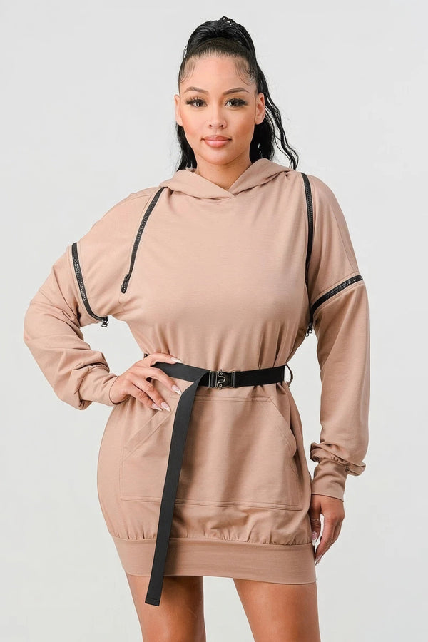 Double Zipper Long Sleeve Hooded Mini Dress - Dress - SmartBuyApparel