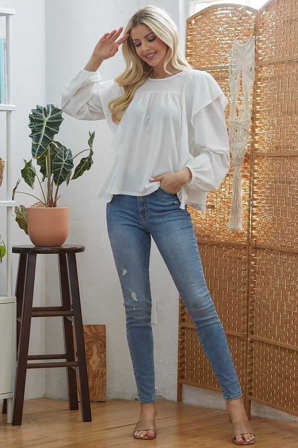Draped Ruffle Long sleeve Top - Women's top - SmartBuyApparel
