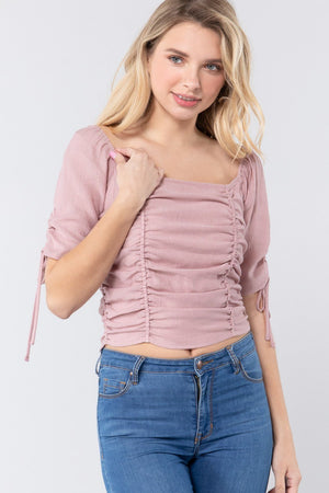 Elbow Sleeve Smocked Ruched Woven Top - Women's top - SmartBuyApparel