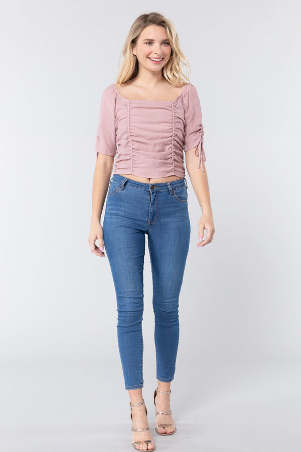 Elbow Sleeve Smocked Ruched Woven Top - Women's top - SmartBuyApparel