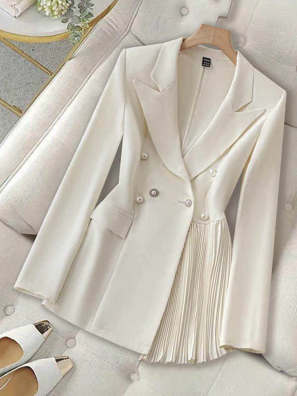 Elegant Solid Color Double - Breasted Pleated Splice Jacket - SmartBuyApparel - Women Blazers