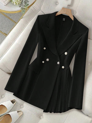 Elegant Solid Color Double - Breasted Pleated Splice Jacket - SmartBuyApparel - Women Blazers