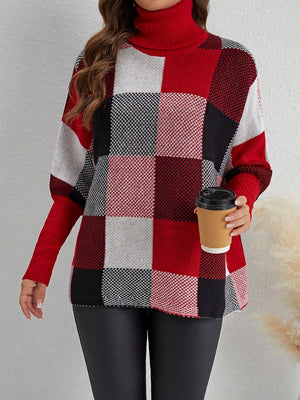 EMERY ROSE Women's Turtleneck Plaid Batwing Sleeve Sweater - SmartBuyApparel - Women Sweaters