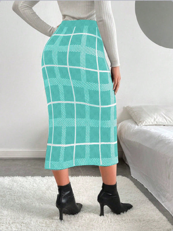 Essnce Plaid Pattern Split Hem Knit Skirt - SmartBuyApparel - Women Sweater Skirts