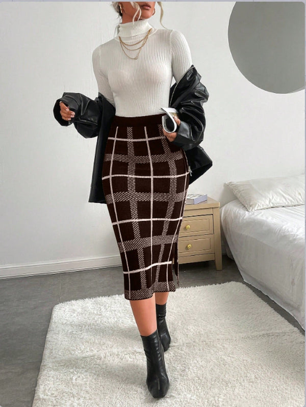 Essnce Plaid Pattern Split Hem Knit Skirt - SmartBuyApparel - Women Sweater Skirts