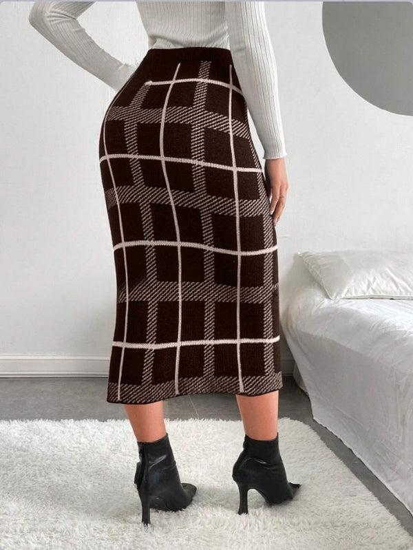 Essnce Plaid Pattern Split Hem Knit Skirt - SmartBuyApparel - Women Sweater Skirts