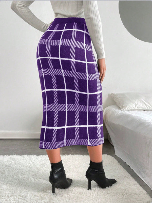 Essnce Plaid Pattern Split Hem Knit Skirt - SmartBuyApparel - Women Sweater Skirts