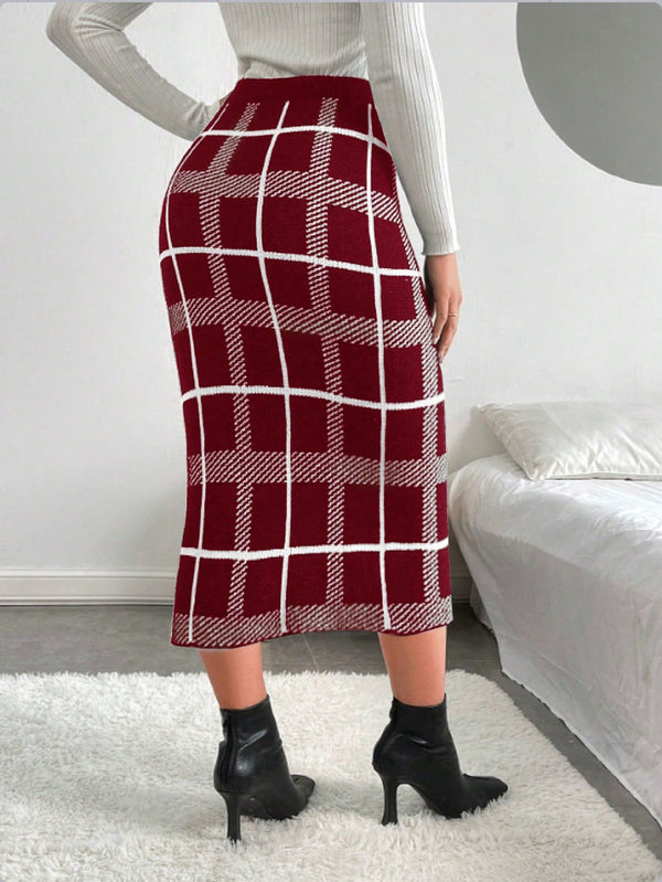 Essnce Plaid Pattern Split Hem Knit Skirt - SmartBuyApparel - Women Sweater Skirts