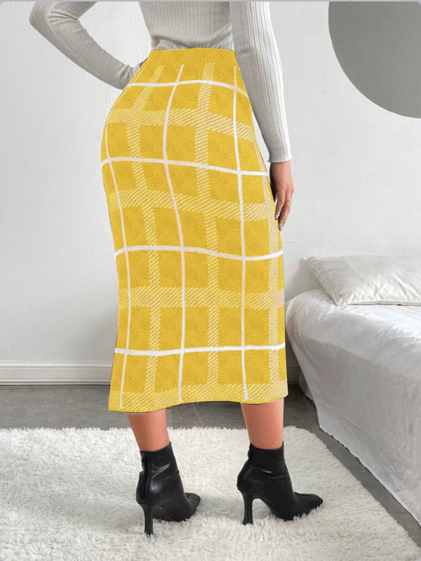 Essnce Plaid Pattern Split Hem Knit Skirt - SmartBuyApparel - Women Sweater Skirts