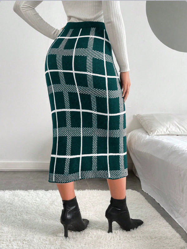 Essnce Plaid Pattern Split Hem Knit Skirt - SmartBuyApparel - Women Sweater Skirts